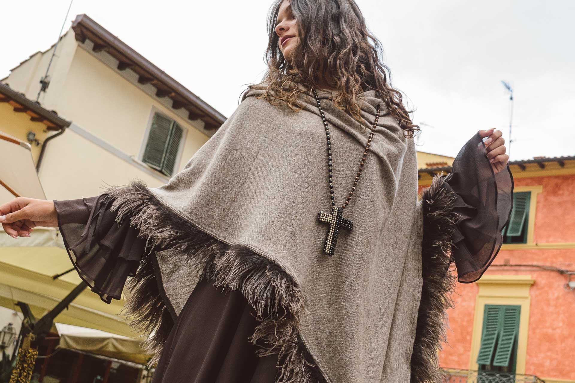 Taupe Cashmere & Feather Poncho
